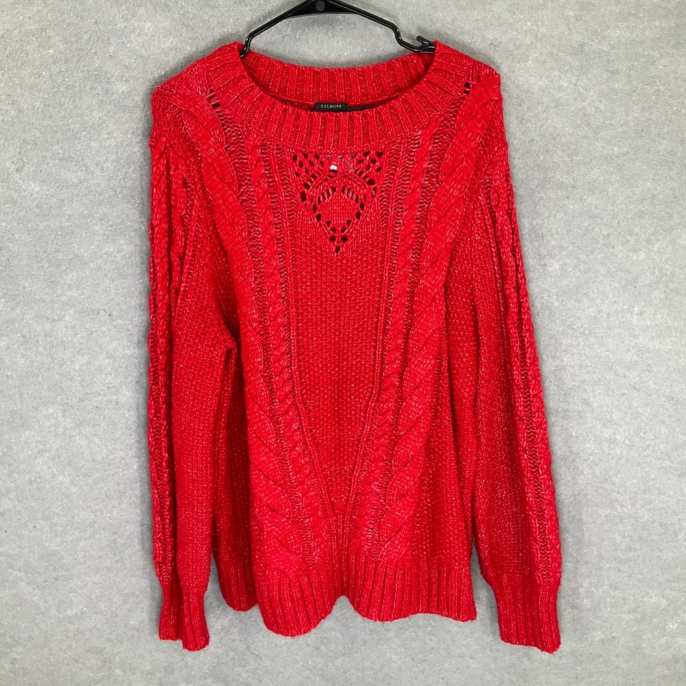 Talbots Sweater Sz 1X Red Cable Knit Wool Blend‎ Crew Neck Pullover Holiday